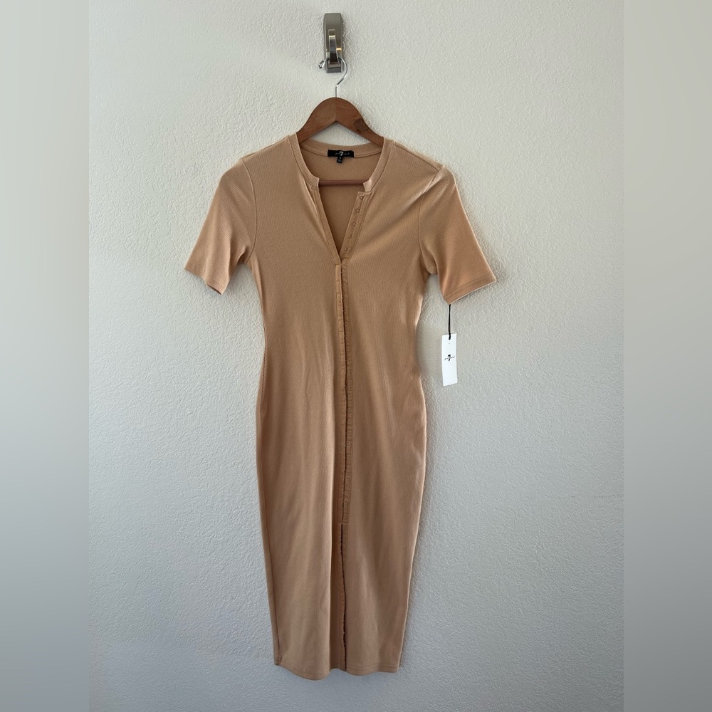 7 FOR ALL MANKIND Ribbed Bodycon Long Sleeve Round Neck MIDI Dress SZ S NWT $175